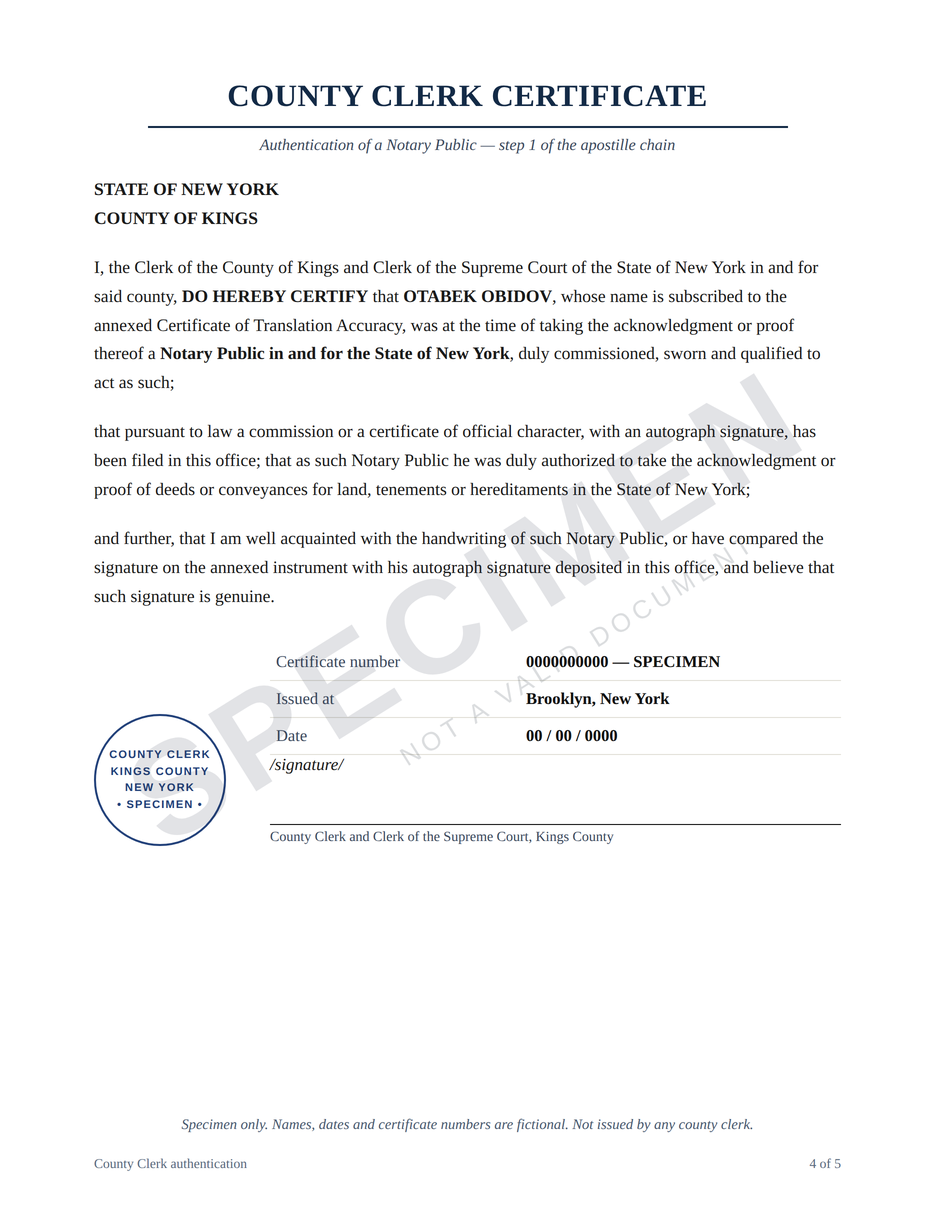 Page 4 — Kings County Clerk certificate authenticating the notary