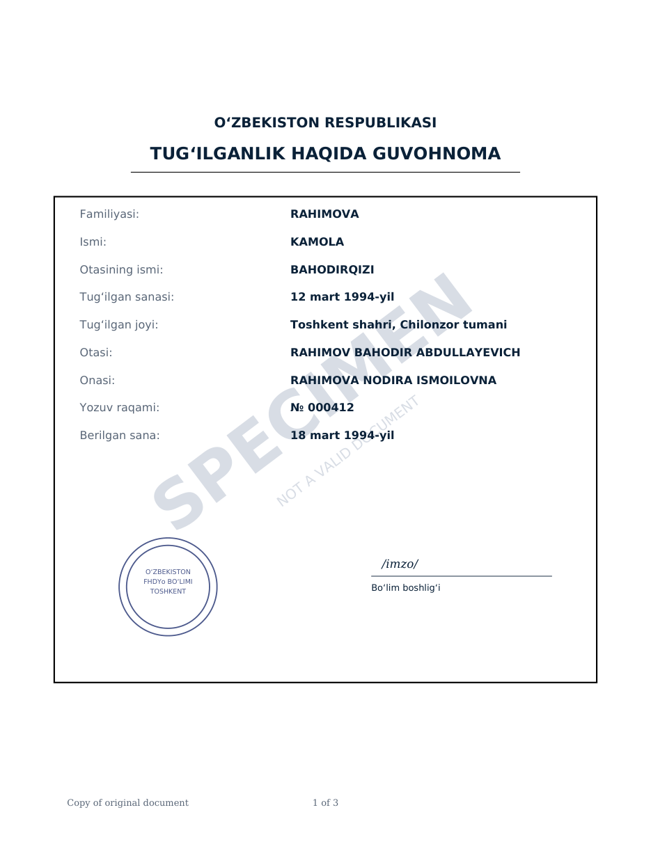 Uzbek birth certificate → English — Copy of the original