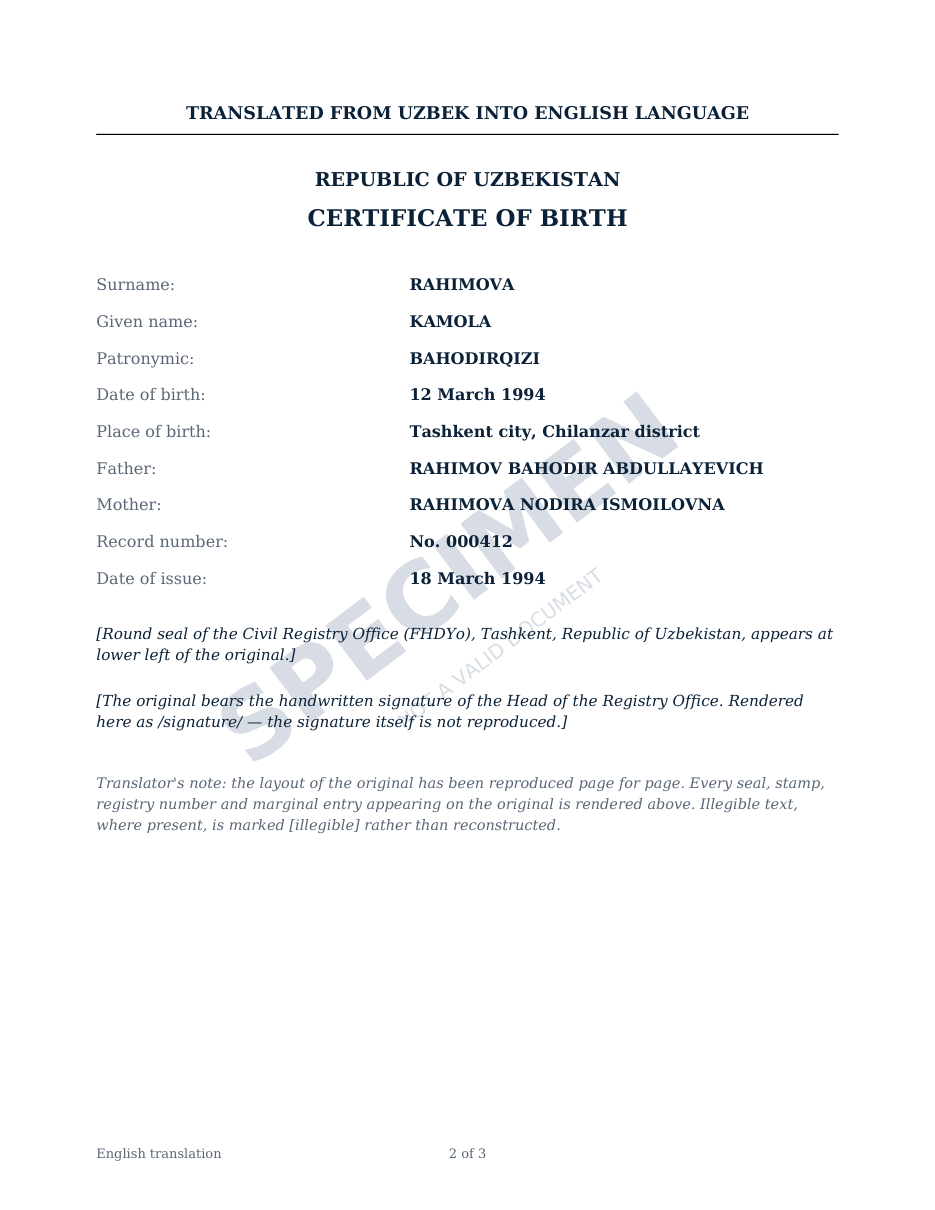 Uzbek birth certificate → English — English translation